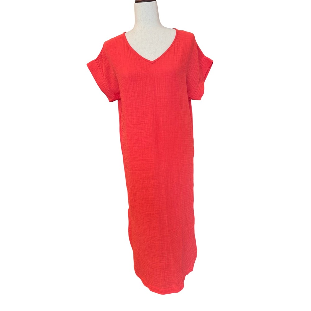 Eileen Fisher Maxi Dress XS Coral Organic Cotton Gauze lagen look minimalist